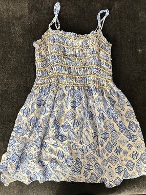 Smocked Blue and White Printed Mini Dress